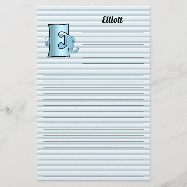 Blue Elephant Mongrammed Letter E Lined Stationery (Front)