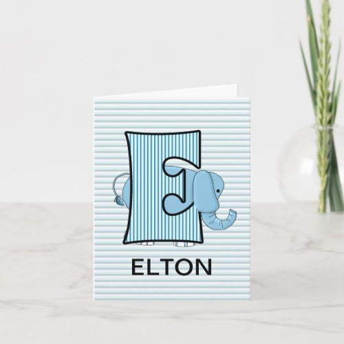Blue Elephant Monogram E Kids Blank Note Card