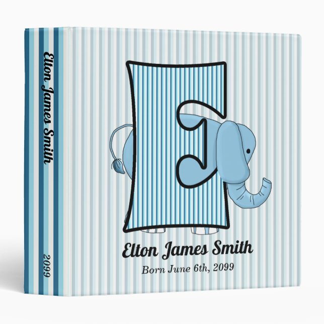 Blue Elephant Monogrammed E Baby Binder (Front/Spine)