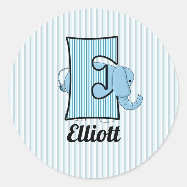 Blue Elephant Monogrammed Letter E Kids Classic Round Sticker (Front)