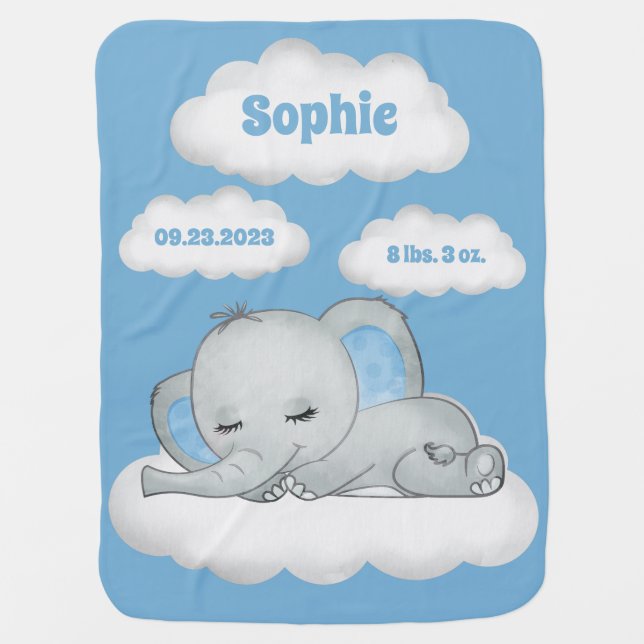 Blue Elephant Name Birth Stats Keepsake Baby Blanket (Front)