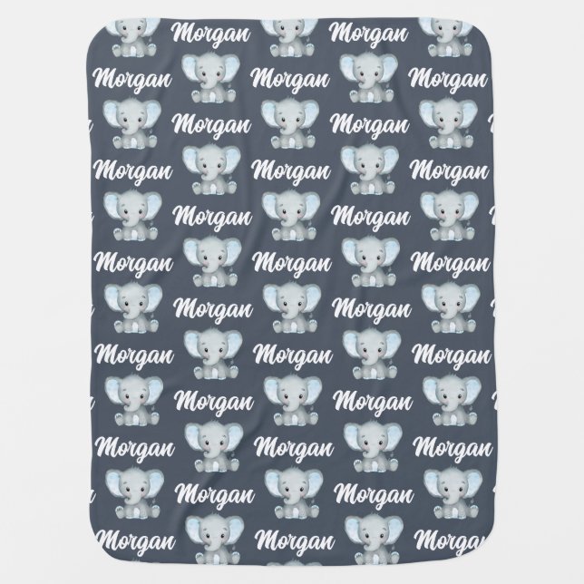 Blue Elephant Name Monogram Baby Blanket (Front)