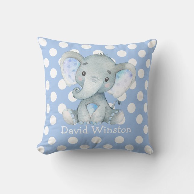 Blue Elephant Nursery Decor Personalized Baby Boy Throw Pillow (Front)