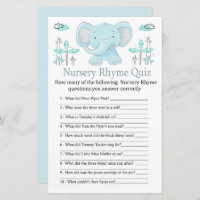 Blue elephant Nursery Rhyme Quiz baby shower game