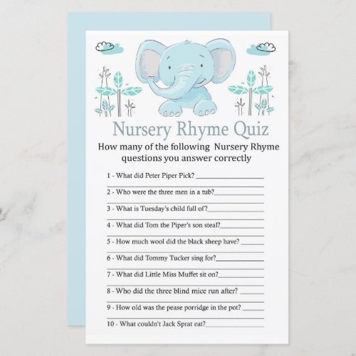 Blue elephant Nursery Rhyme Quiz baby shower game