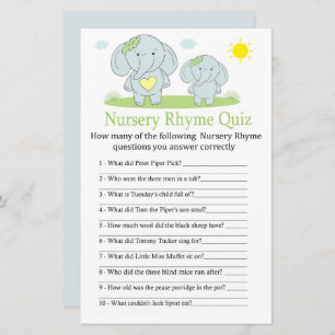 Blue elephant Nursery Rhyme Quiz baby shower game