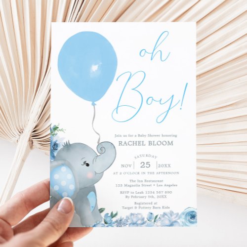 Blue Elephant Oh Boy Baby Shower Invitation
