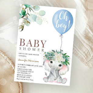 Blue Elephant Oh Boy Balloon Baby Shower Invitation