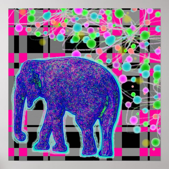 Blue Elephant on Pink Plaid Background Poster (Front)