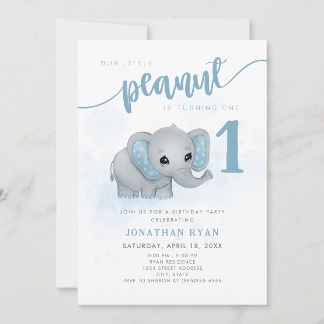 Blue Elephant Our Little Peanut First Birthday Invitation (Front)