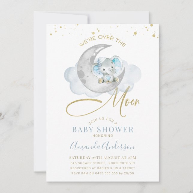 Blue Elephant Over The Moon Baby Shower Invitation (Front)