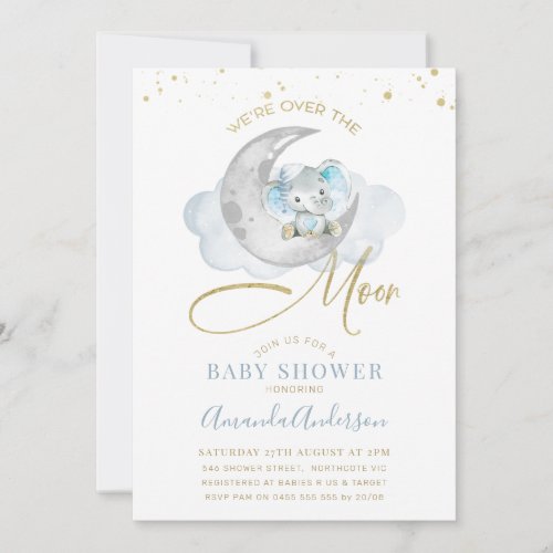 Blue Elephant Over The Moon Baby Shower Invitation