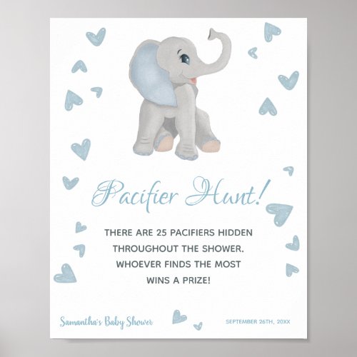 Blue Elephant Pacifier Hunt Game Baby Shower Sign