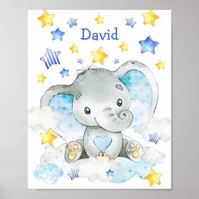 Blue Elephant Personalized Custom Nursery Boy Poster (Front)