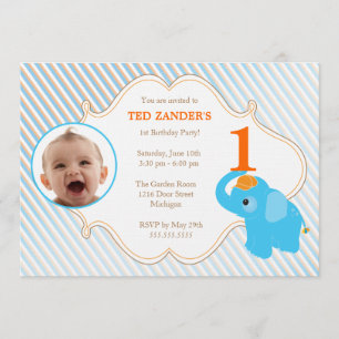 Blue Elephant Photo Birthday Invitation
