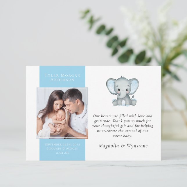 Blue Elephant Photo New Baby  Thank You Card (Standing Front)