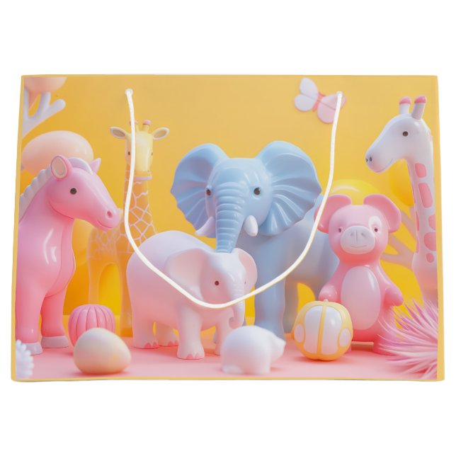 Blue elephant, pink horse on yellow large gift bag (Front)