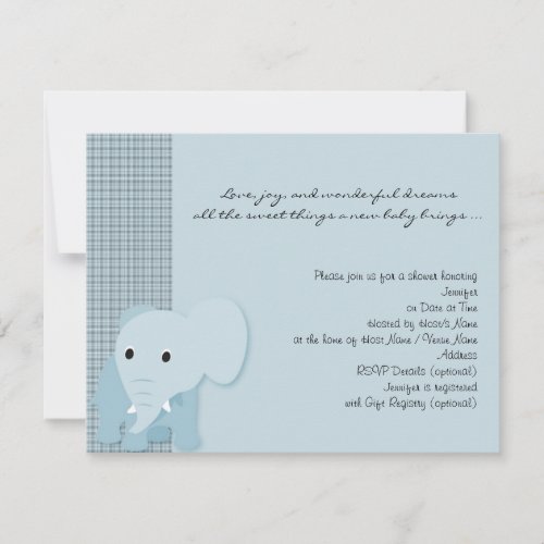 Blue Elephant Plaid Baby Shower Invitation