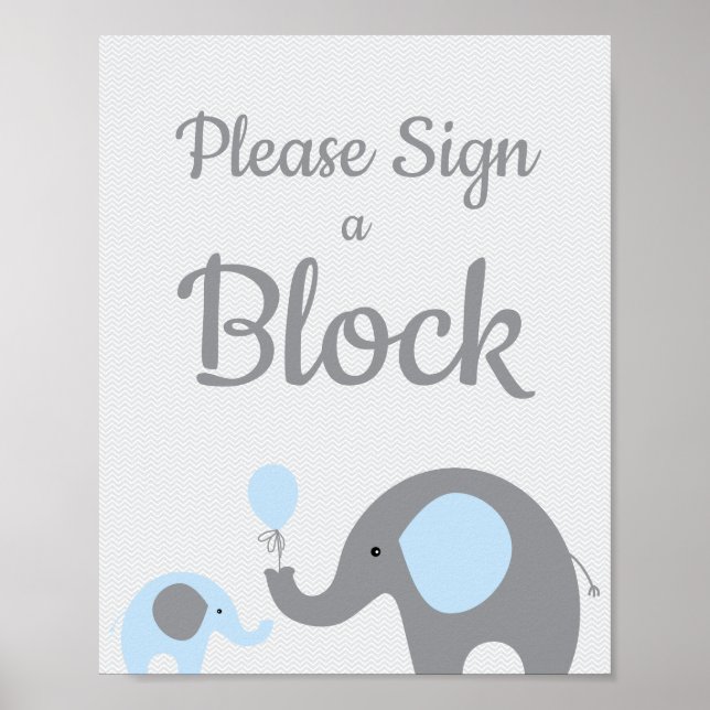 Blue Elephant Please Sign a Block Sign Baby Shower (Front)