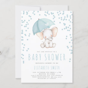 Blue Elephant Rain Sprinkle Boy Baby Shower Invitation