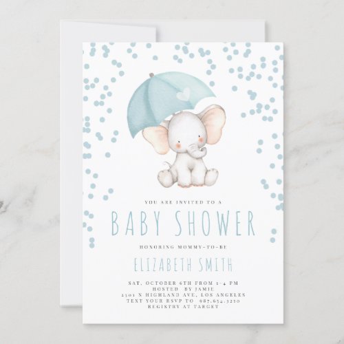 Blue Elephant Rain Sprinkle Boy Baby Shower Invitation