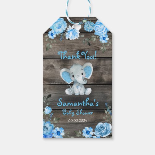 Blue Elephant Rustic Floral Wooden Gift Tags 