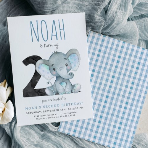 Blue Elephant Second Birthday Invitation