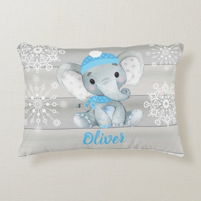 Blue  elephant snowflake gray Custom name Pillow (Front)