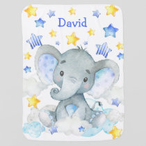 Blue Elephant Stars Cute Baby Blue Custom Name Blanket