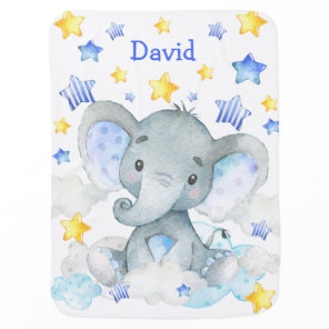 Blue Elephant Stars Cute Baby Blue Custom Name Blanket