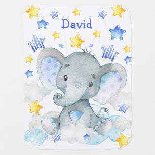 Blue Elephant Stars Cute Baby Blue Custom Name Blanket