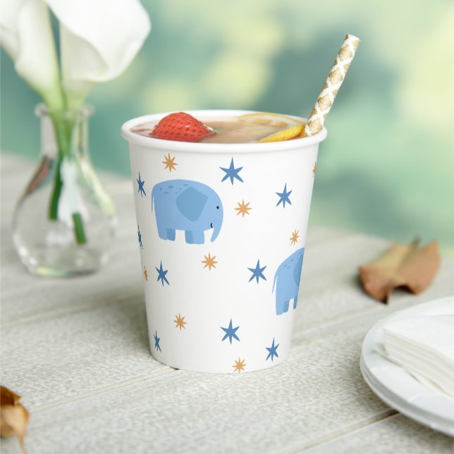 Blue Elephant & Stars. Safari Jungle Kids Birthday Paper Cups (Insitu)