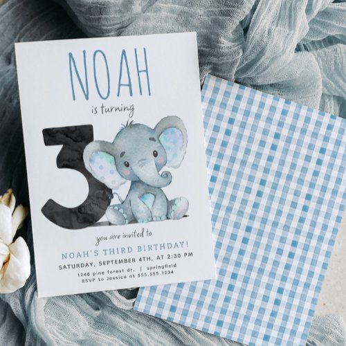 Blue Elephant Third Birthday Invitation