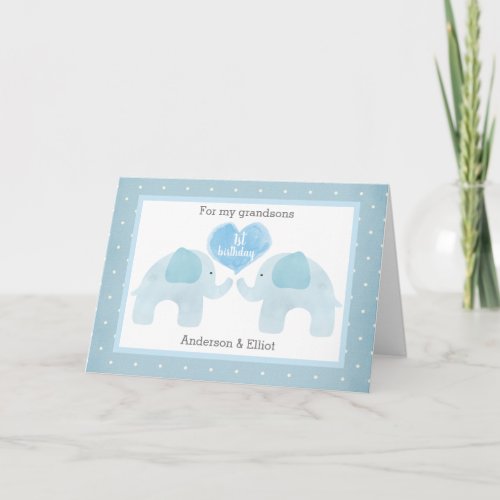 Blue Elephant Twins 1st Birthday  Card