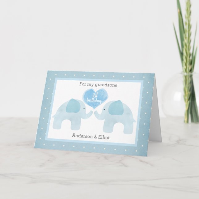 Blue Elephant Twins 1st Birthday  Card (Front)