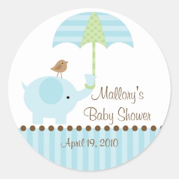 Blue Elephant Umbrella Baby Shower Sticker by celebrateitinvites at Zazzle