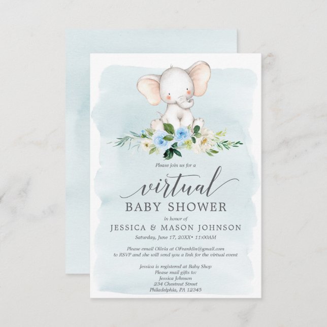 Blue Elephant Virtual Baby Shower Invitation (Front/Back)