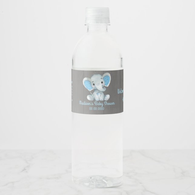 Blue Elephant water bottle label for boy (Front)