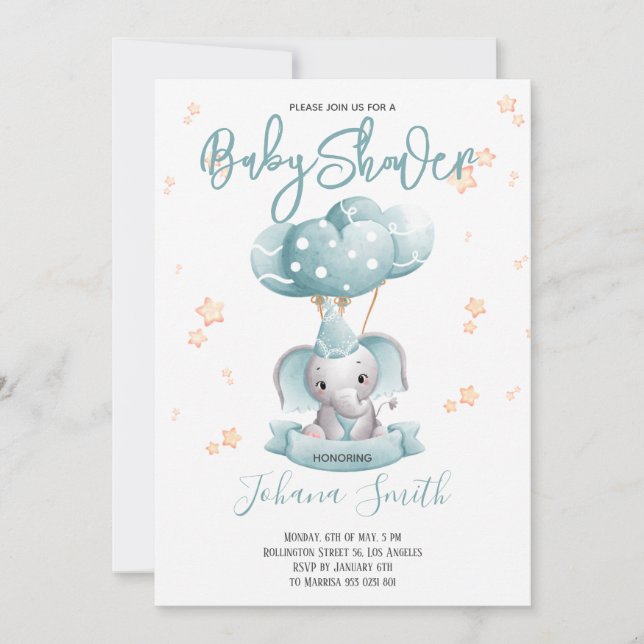 Blue Elephant Watercolor Baby Shower Invitation (Front)