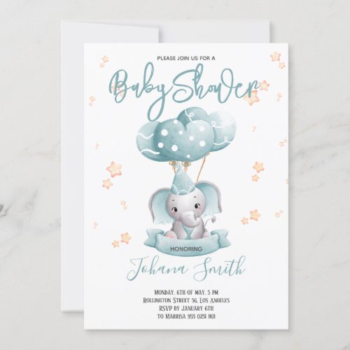 Blue Elephant Watercolor Baby Shower Invitation