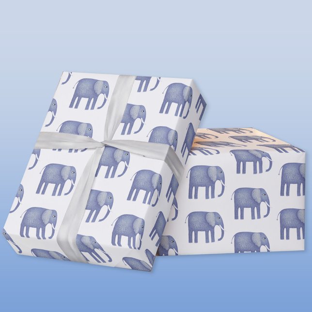 Blue Elephant Watercolor Wrapping Paper (Blue watercolor elephant wrapping paper roll)