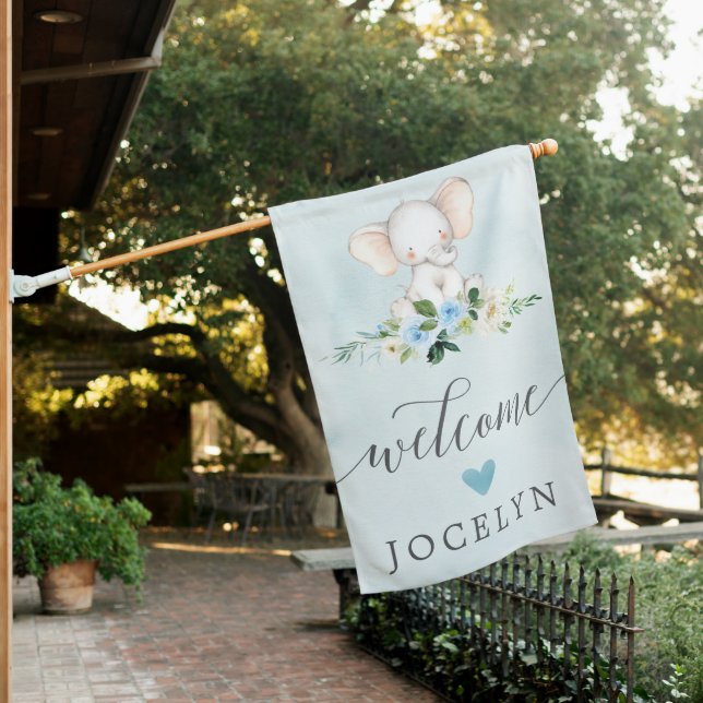 Blue Elephant Welcome Baby House Flag (In SItu)