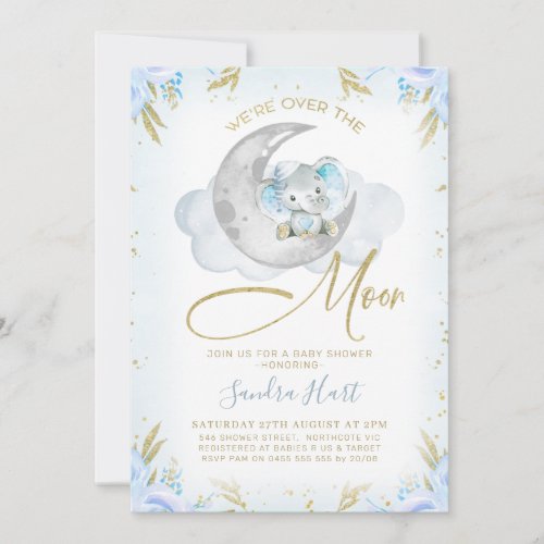 Blue Elephant Were Over The Moon Baby Shower  Invitation