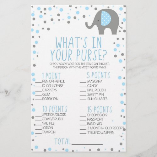 Blue Elephant Whats In Purse Baby Shower Game Stationery