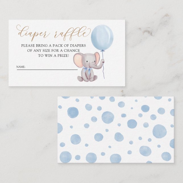 Blue Elephant With Balloon Diaper Raffle Enclosure Card (Front/Back)