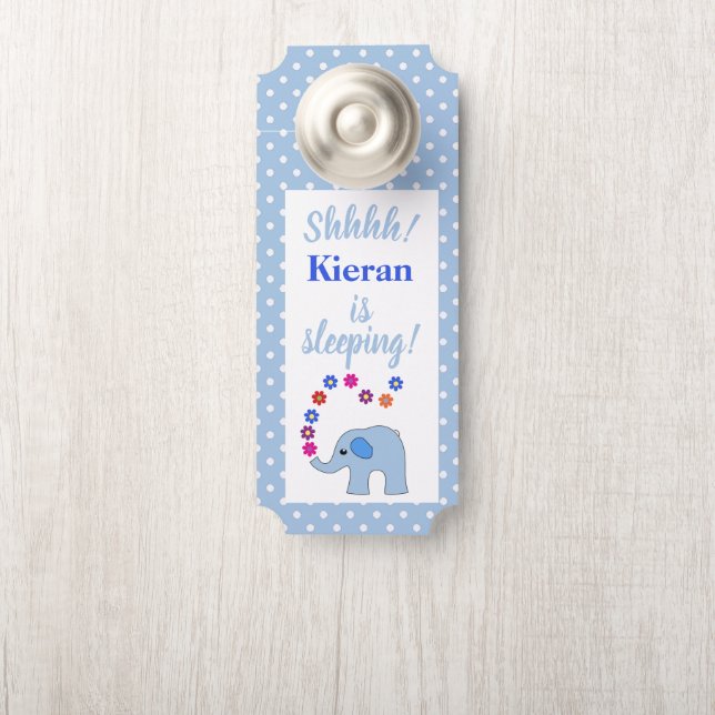 Blue Elephant With Flowers Baby Is Sleeping Door Hanger (On Knob)