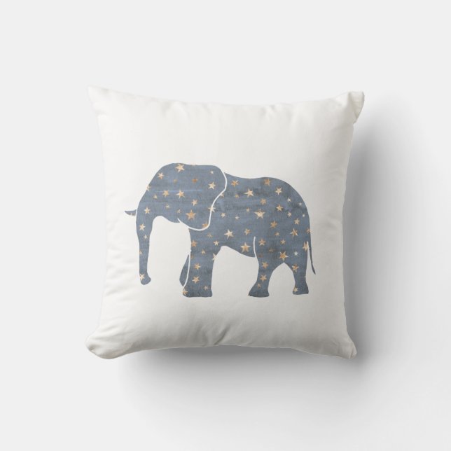Blue Elephant with Gold Stars Throw Pillow (Front)