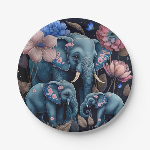 Blue Elephants and Pink Flowers Paper Plates