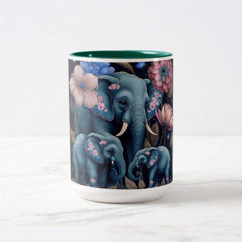 Blue Elephants and Pink Flowers Two_Tone Coffee Mug