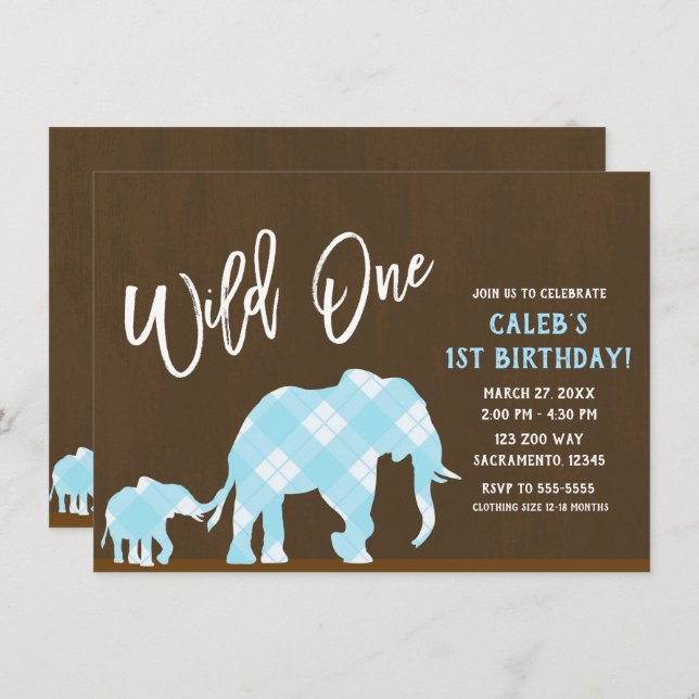 Blue Elephants Brown Modern WILD ONE 1ST Birthday Invitation (Front/Back)